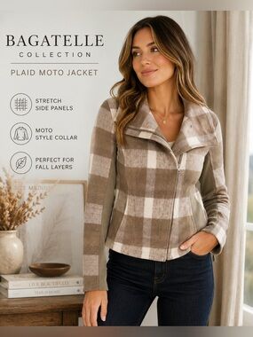 Bagatelle Collection Taupe Plaid Moto Jacket | Size Medium | Stretch Panels